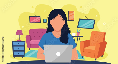 Woman focused on her laptop, working remotely from a comfortable and modern home office setting, representing flexible business and lifestyle.