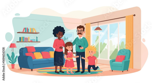 A happy, diverse family with two children enjoying time together in their modern, cozy living room, symbolizing home life and togetherness.