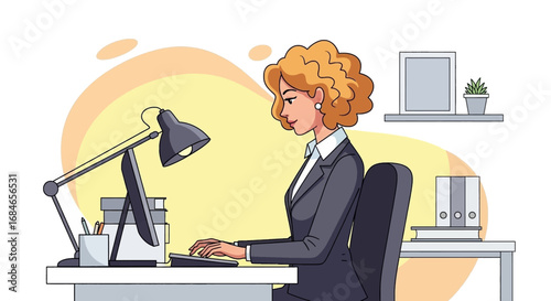 Professional businesswoman diligently working at her office desk on a computer, embodying productivity and corporate life.