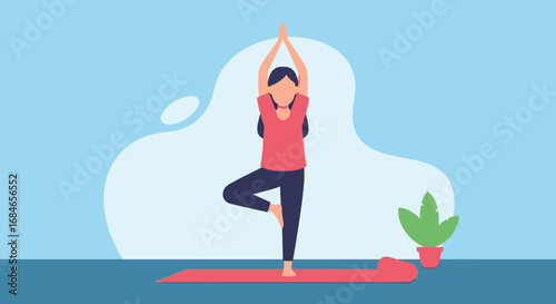A woman practicing yoga in tree pose (Vrikshasana) on a mat, emphasizing balance, mindfulness, and healthy living for wellness and lifestyle concepts.