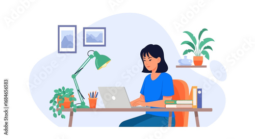 Young woman focused on remote work at a home office desk with laptop, plants, and books. Ideal for business, freelance, or distance learning concepts.
