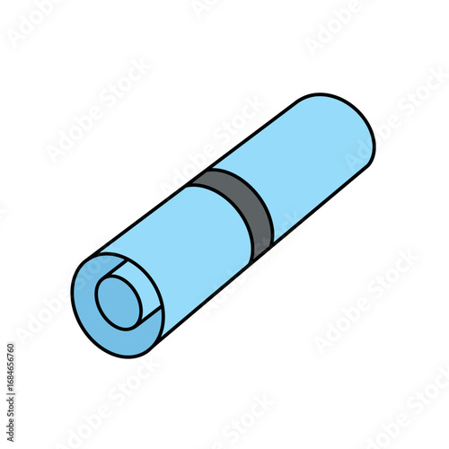 This is a simple, clean illustration of a light blue rolled mat or towel, neatly secured with a dark band, presented on a crisp white background.