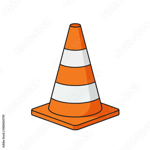 A bright orange and white striped traffic cone, essential for road safety, construction zones, and temporary area demarcation, isolated as a clean vector graphic.