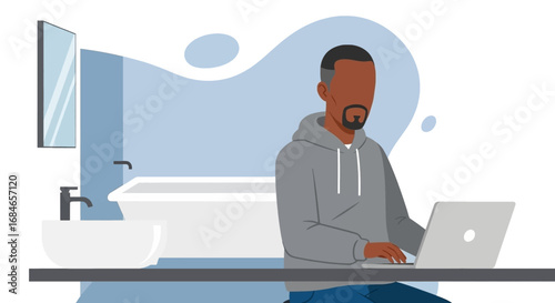 African American man in a hoodie working on a laptop from home, embodying remote work flexibility and modern lifestyle. Ideal for business, technology, or lifestyle concepts.