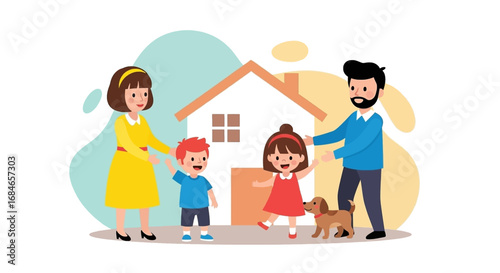 Happy family with two children and a dog in front of their home, depicting unity, real estate, and safe living.