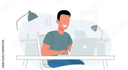 Happy man working remotely on a laptop at his home desk, representing productivity, online education, or modern business solutions.