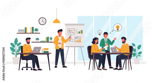Diverse business team collaborating in a modern office. A presenter shares insights while colleagues discuss new ideas, fostering innovation and strategy for growth.