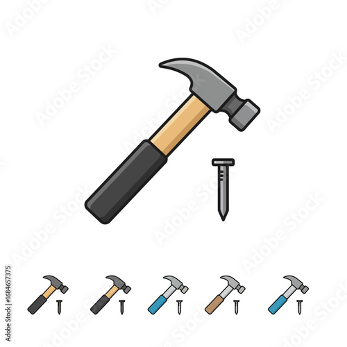 A versatile cartoon claw hammer and a sharp metal nail are depicted in a clean, isolated illustration, perfect for construction, repair, or DIY projects.