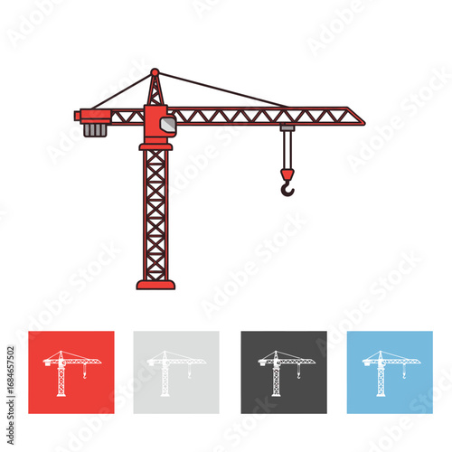 A vibrant red tower crane illustration stands prominently on a clean white background, representing heavy construction equipment and industrial development.