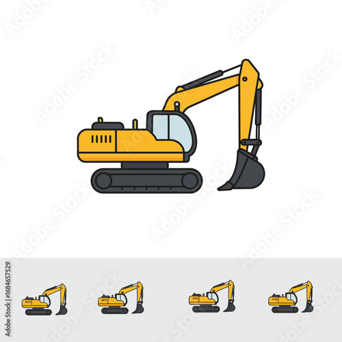 A modern yellow excavator, a vital heavy construction vehicle, illustrated as a clean, bold vector icon, symbolizing earthmoving and digging operations.