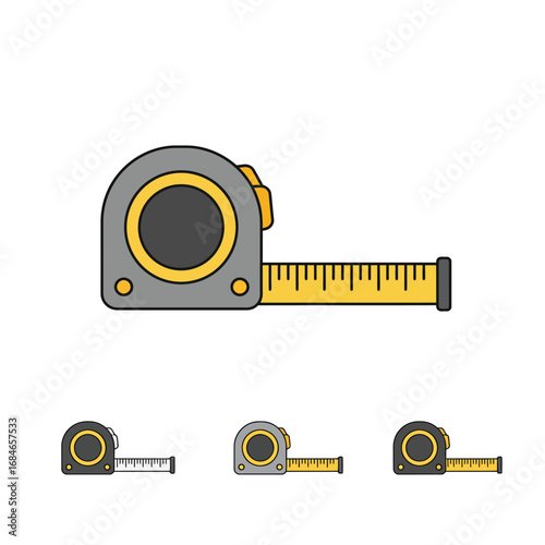 Essential flat design measuring tape icons, ideal for illustrating construction, renovation, and precise DIY projects, presented cleanly on a white background.
