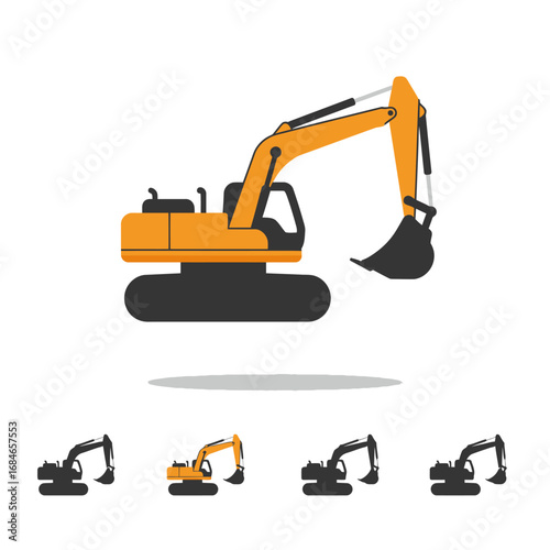 A vibrant yellow heavy-duty excavator, depicted in a clean flat vector design, stands ready for construction, digging, and earthmoving projects.