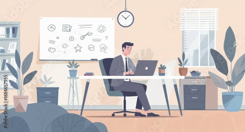 Focused businessman diligently works on his laptop in a modern office, surrounded by plants and a whiteboard, ideal for business, technology, or remote work concepts.