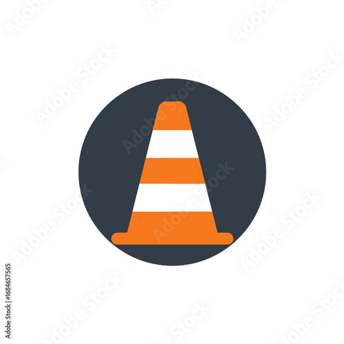 A modern flat design icon of an orange and white traffic cone, clearly symbolizing caution, construction, and safety, neatly contained within a dark circle.