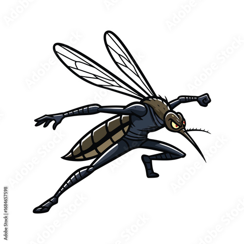 Cartoon Mosquito Ninja Warrior in Action Pose  Vector Illustration