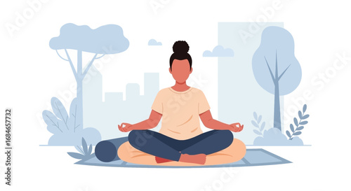 Woman meditating peacefully in a park setting, practicing mindfulness for relaxation and mental well-being. Ideal for health, lifestyle, and self-care content.