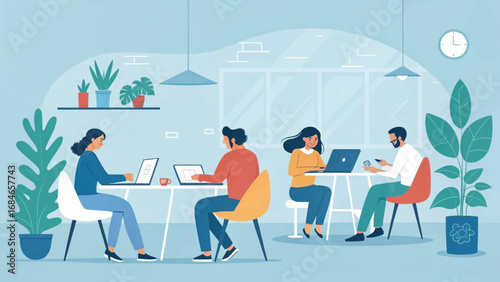 Diverse team collaborating and working productively in a modern, plant-filled co-working space or office environment. Ideal for business, technology, and lifestyle concepts.