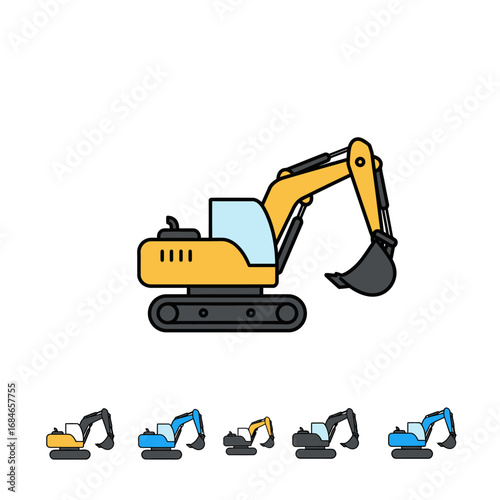 This clean, modern vector illustration depicts a yellow excavator, an essential heavy construction machine, ready for digging and earthmoving operations.