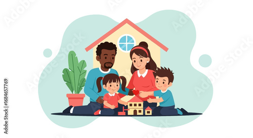A happy family with two children sitting together, embracing a stylized house, symbolizing love, security, and home. Ideal for concepts of family life, real estate, and parental care.