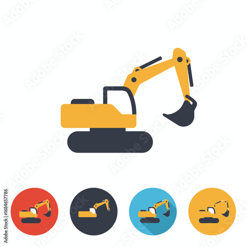 A modern flat design icon illustrating a yellow excavator, symbolizing heavy construction machinery, earthmoving equipment, and industrial building processes.