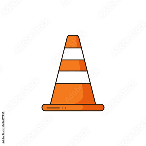 This vivid orange traffic cone, featuring prominent white reflective stripes, clearly signifies road work, construction zones, and essential safety warnings.