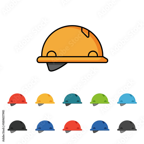 A collection of colorful flat design hard hat icons, representing essential safety equipment for construction, industrial work, and workplace protection.