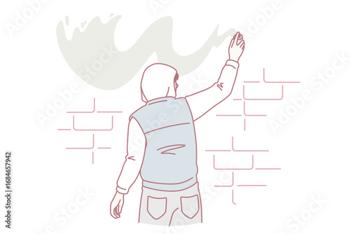 Street art and graffiti concept. Young man standing backwards making graffiti with yellow color on wall outdoors vector illustration