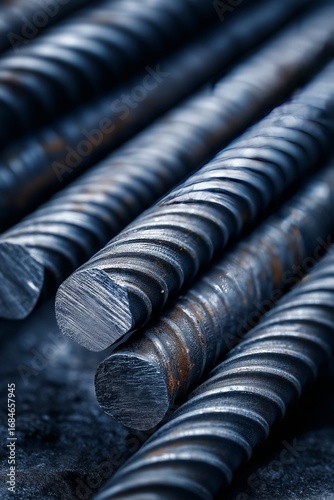Close-up view of steel rebar showing texture and detail in a construction setting during daylight hours