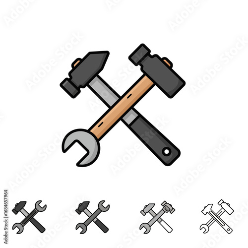 This vibrant cartoon illustration displays crossed hammers and a sturdy wrench, symbolizing essential tools for construction, repair, and maintenance tasks, representing skilled craftsmanship.