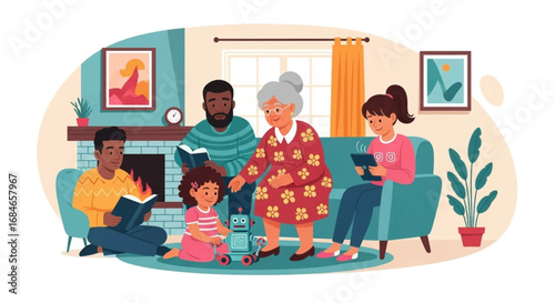 Multi-generational family enjoys a cozy day indoors, reading, playing with a robot, and using a tablet. Highlights togetherness and modern leisure.