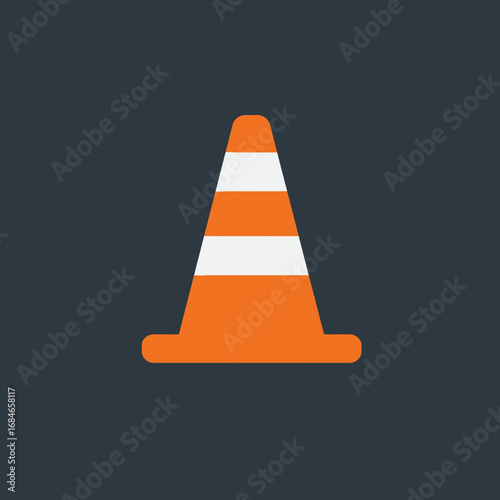 A minimalist flat design icon of a vibrant orange and white traffic cone, signifying caution, road work, or a construction zone against a clean, dark background.