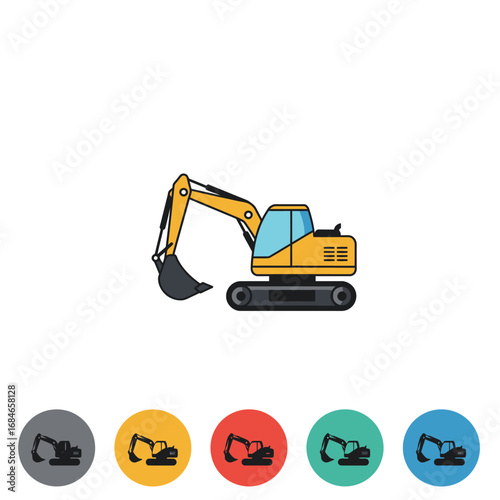 A vibrant yellow excavator, depicted in a clean flat design style, represents essential heavy machinery for construction, earthmoving, and digging projects.