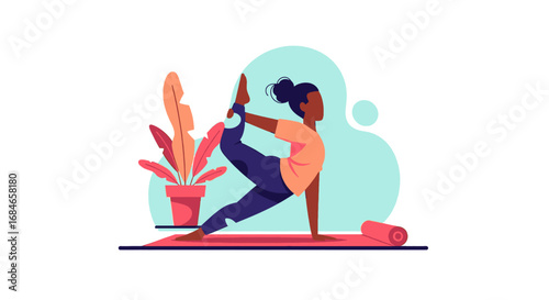 Woman in a vibrant yoga pose on a mat, illustrating balance, flexibility, and wellness. Perfect for health, fitness, and mindful lifestyle content.
