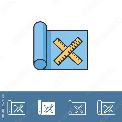 A vibrant vector icon displays a rolled blueprint document and crossed measuring rulers, symbolizing architectural design, engineering precision, and project planning.