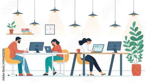 Diverse team working collaboratively in a modern, productive open-plan office. Ideal for business, technology, and corporate lifestyle themes.