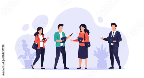 Diverse business professionals collaborate and communicate using digital devices in a modern office environment. Ideal for teamwork, technology, and corporate training concepts.