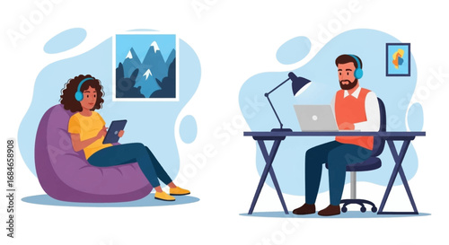 Two individuals engage with technology from home, showcasing remote work, online learning, and digital lifestyle flexibility.