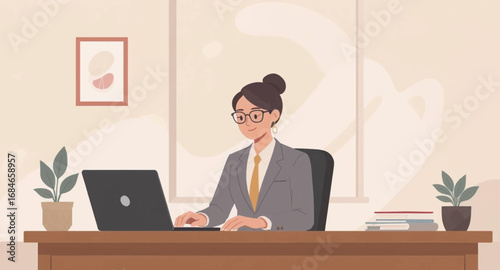 Professional businesswoman working diligently on her laptop in a modern office, embodying productivity and focus. Ideal for business, remote work, and technology concepts.