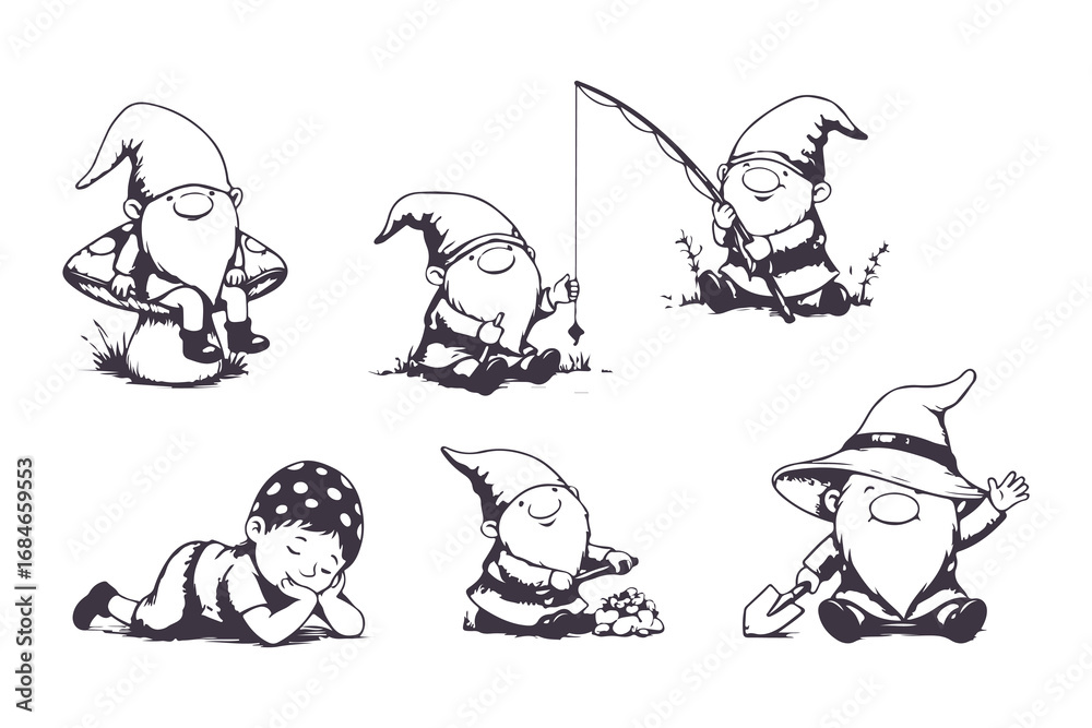 Obraz premium Cute Garden Gnome Vector Set in Different Poses Black and White Illustration