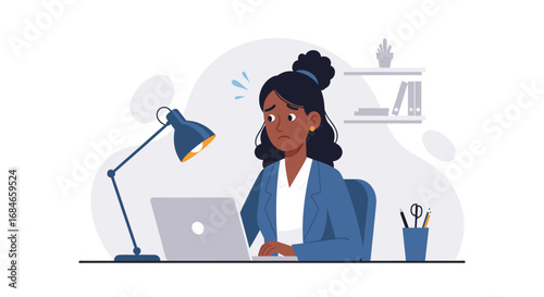 A stressed businesswoman faces a challenging workload at her laptop in an office, depicting pressure, deadlines, and professional burnout.