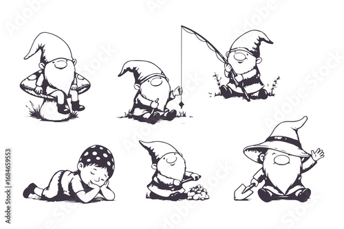Cute Garden Gnome Vector Set in Different Poses Black and White Illustration