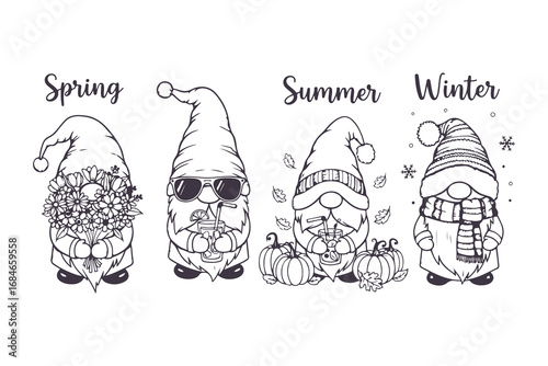 Cute Garden Gnome Vector Set in Different Poses Black and White Illustration