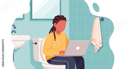 Modern multitasking: A person sits on a toilet using a laptop, representing remote work flexibility and home productivity.