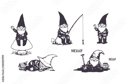 Cute Garden Gnome Vector Set in Different Poses Black and White Illustration