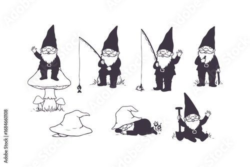 Cute Garden Gnome Vector Set in Different Poses Black and White Illustration
