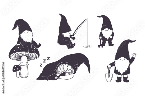 Cute Garden Gnome Vector Set in Different Poses Black and White Illustration