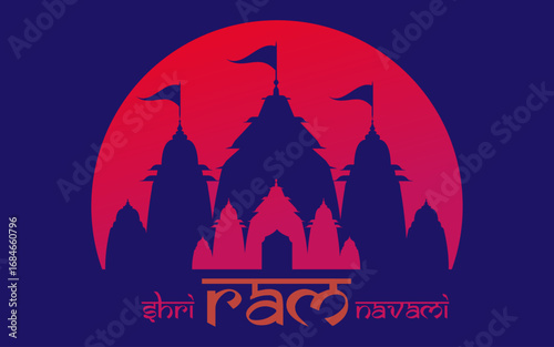 Illustration of Lord Ram bow arrow and temple background for Indian festival Ram Navmi.