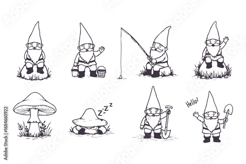 Cute Garden Gnome Vector Set in Different Poses Black and White Illustration