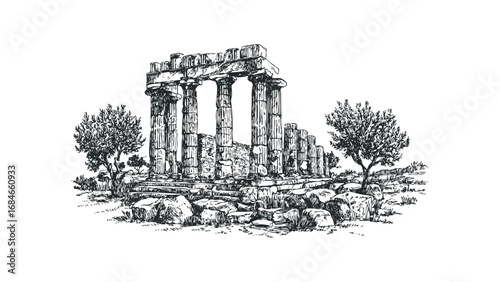Ancient Greek temple ruins with columns and olive trees sketched in black ink. Vector hand drawn illustration