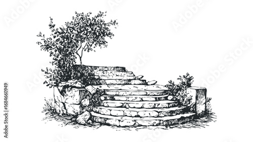 Sketch of an antique stone staircase entwined with lush foliage. Vector hand drawn illustration